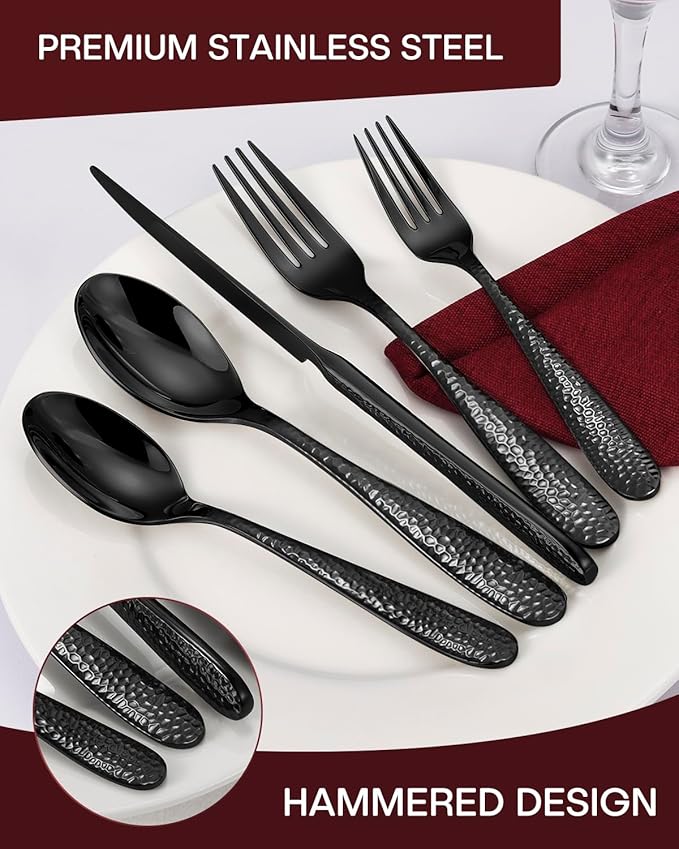 Hammered Black Silverware Set, EUIRIO 20-Piece Cutlery Set for 4, Heavy Duty Stainless Steel Flatware Set, Food-Grade Utensil Sets Includes Spoons Forks and Knives, Mirror Finish Dishwasher Safe
