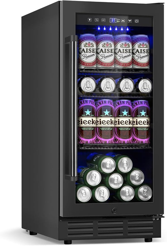 Beverage Refrigerator Cooler, 15 Inch 130 Cans Under Counter Refrigerator Beer Fridge with Glass Door, Adjustable Shelves and LED Light, Bulit-in Soda Fridge for Bedroom Office Bar
