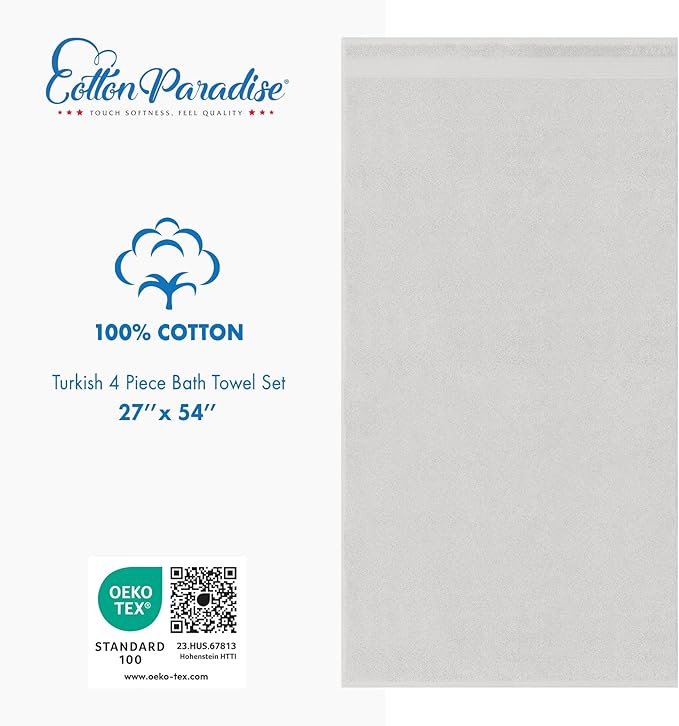 Cotton Paradise 4 Piece Turkish Bath Towels for Bathroom, 100% Cotton Extra Large Soft Plush Towels Bathroom Set, Silver Grey