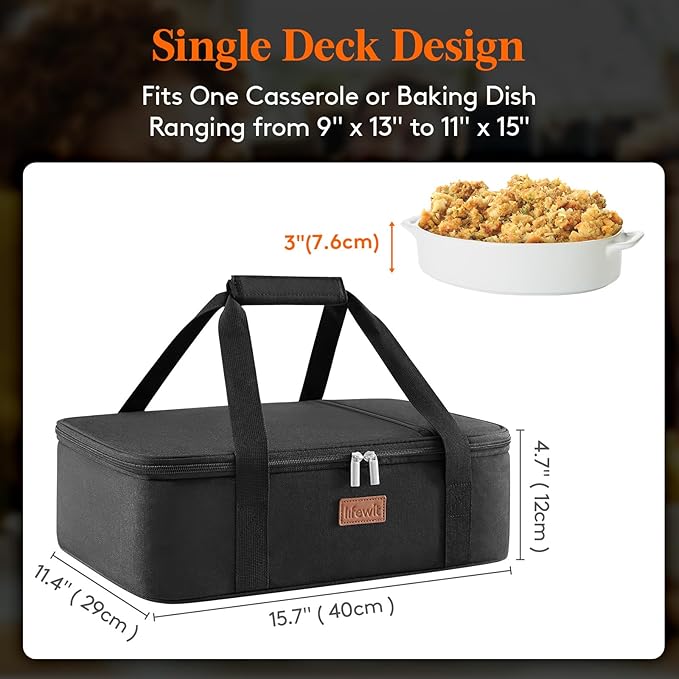 Lifewit Insulated Casserole Carrier for Hot or Cold Food, Casserole Dish Carrying Case, Lasagna Holder for Potluck Parties/Picnic/Cookouts, Fits 9"x13" Baking Dish, Black