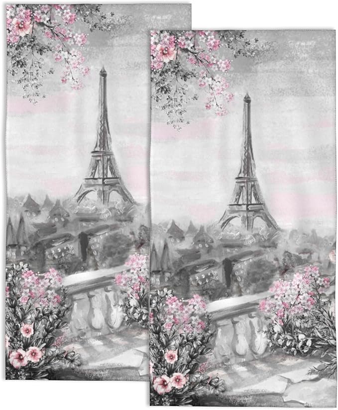 Eiffel Tower 2 Pack Hand Towels for Bath,Gray and Pink Rose and Leaf DecorativeTowels for Bathroom Kitchen Absorbent Soft Towels Face Towel 14x28 Inch