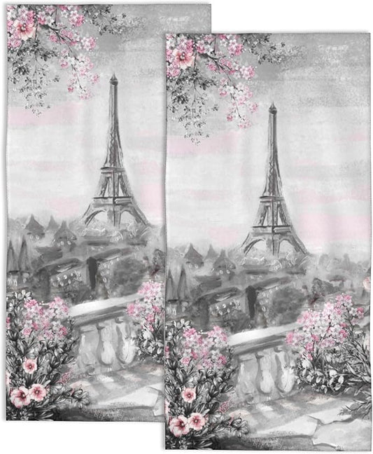 Eiffel Tower 2 Pack Hand Towels for Bath,Gray and Pink Rose and Leaf DecorativeTowels for Bathroom Kitchen Absorbent Soft Towels Face Towel 14x28 Inch