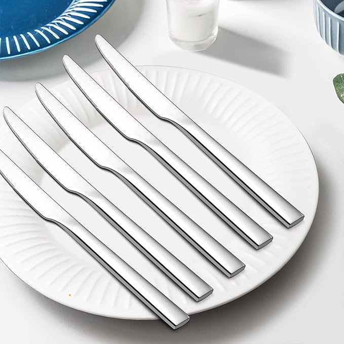 E-far Dinner Knives Set of 6, 8.9 Inch Stainless Steel Serrated Steak Butter Knife for Home Kitchen Restaurant, Modern Design & Square Edge, Mirror Finish & Dishwasher Safe