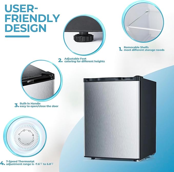 2.2 Cu.ft Upright Freezer, Small Mini Freezer with Adjustable Thermostat, Removable Shelves, Reversible Single Door, for Bedroom/Home/Dorms/Apartment (Stainless Steel)