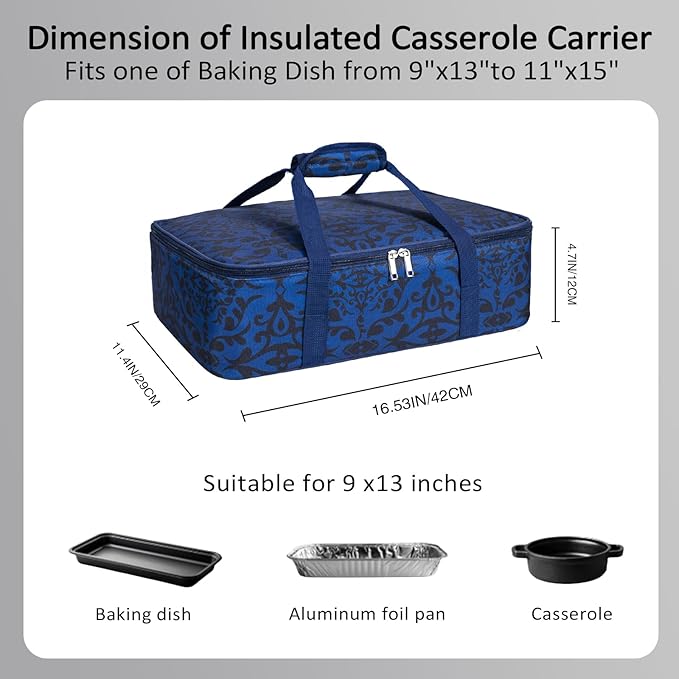 Insulated Casserole Carrier Bag - Portable Reusable Lunch Food Transport Tote Bag Keep Food Hot/Cold Fits 9x13" Lasagna Baking Dish for Gathering/Potluck Parties/Cookout/Camping/Offices-Blue/Black