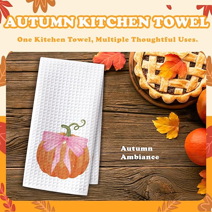 Pumpkin Fall Kitchen Towels, Farmhouse Autumn Dish Hand Towels Microfiber Waffle Weave 16x23.5 Inch, Rustic Thanksgiving Halloween Fall Decor for Kitchen Bathroom-C09