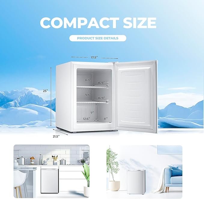 2.2 Cu.ft Upright Freezer, Small Mini Freezer with Adjustable Thermostat, Removable Shelves, Reversible Single Door, for Bedroom/Home/Dorms/Apartment (White)
