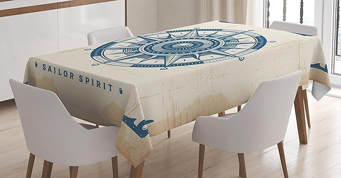 Ambesonne Compass Tablecloth, Compass Illustration with Lettering Nautical Ocean Adventure Themed Print, Rectangular Table Cover for Dining Room Kitchen Decor, 52" X 70", Night Blue