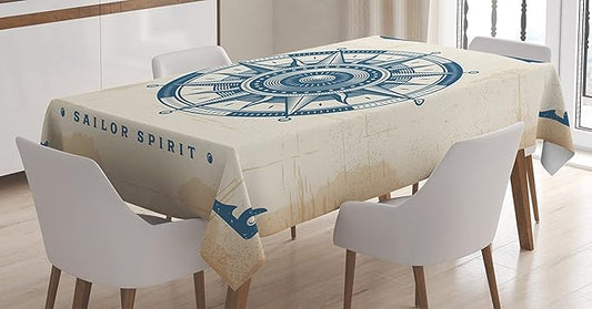 Ambesonne Compass Tablecloth, Compass Illustration with Lettering Nautical Ocean Adventure Themed Print, Rectangular Table Cover for Dining Room Kitchen Decor, 60" X 90", Night Blue