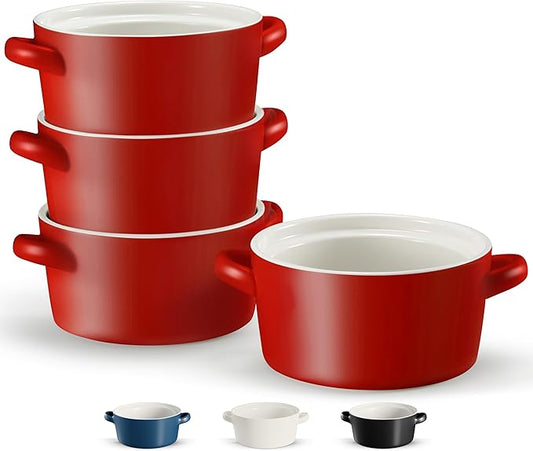 Kook Soup Crocks, Ceramic Stackable Bowls, Broil, Oven, Microwave and Dishwasher Safe, with Handles, For Casserole, Pasta, Cereal, Capacity 18 oz, Set of 4, (Matte Red)
