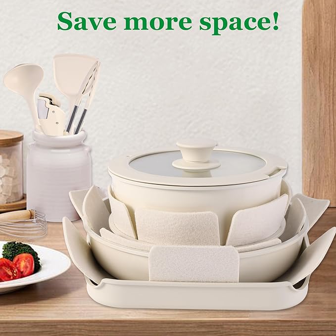 12 PCS Kitchen Cookware Set Aluminum non stick pan Removable & microwaveablewith, Induction Pot Pan Set for RV Cookware,Oven Safe, PFOA Free(White)