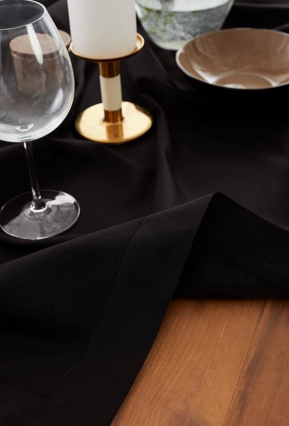 Solino Home Linen Black Tablecloth 52 x 52 Inch - Cotton Linen Hemstitch Square Tablecloth - Machine Washable Table Throw for Winter, Holiday, New Year