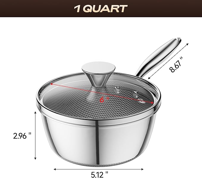 1 Quart Stainless Steel Saucepan with Glass Lid,6 Inch Hybrid Nonstick Sauce Pan,PFAS PFOA PTFE Free,Stay-Cool Handle,Dishwasher-Friendly,Oven-Safe,Small Pots Compatible with All Cooktops
