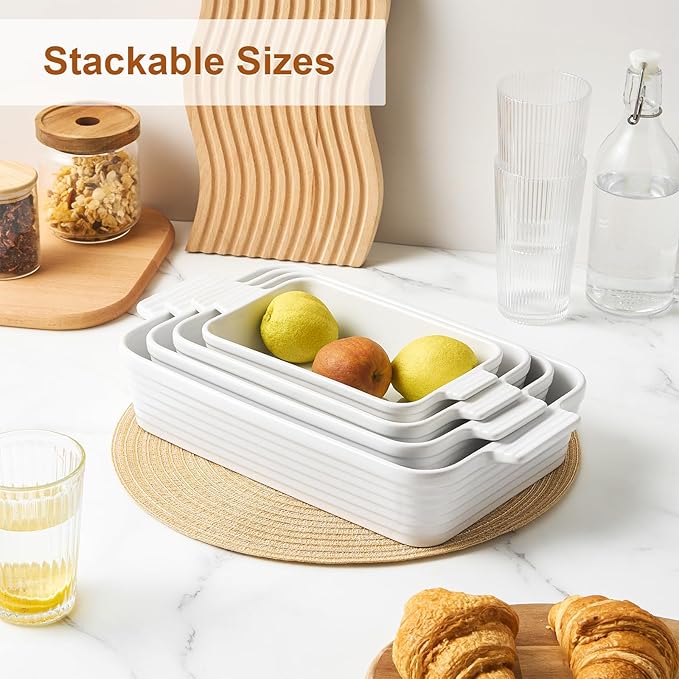 Jassceram Casserole Dishes for Oven, 4-Piece Porcelain Baking Dish, Rectangular Ceramic Bakeware Sets with Handles, Deep Lasagna Pan for Baking, 9.6" to 15.2", Nesting Design, Oven Safe, White