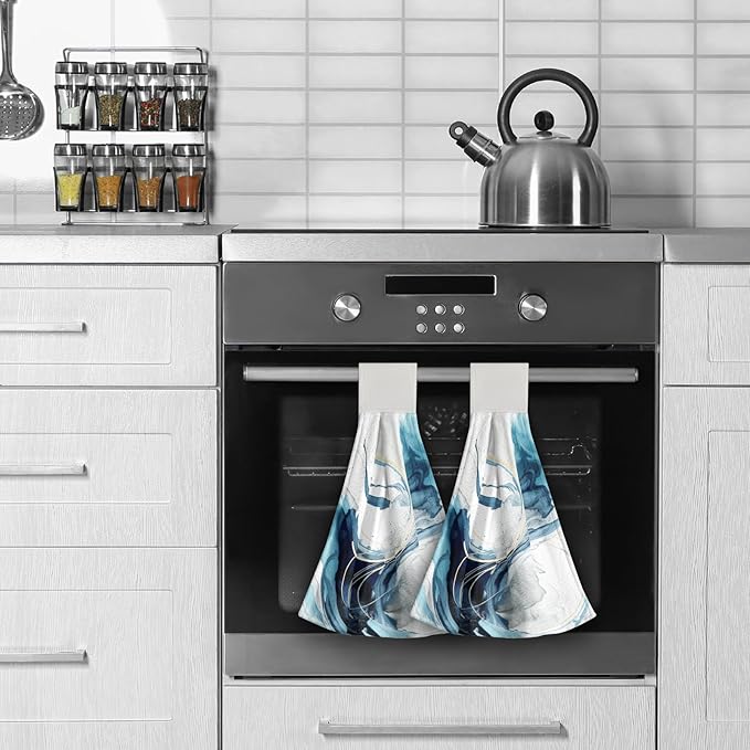 Giwawa Blue Abstract Kitchen Hand Towels 2 Pieces Canvas Art Dish Cloth Tie Towels with Hanging Loop Tea Bar Towels for Bathroom Tabletop Home