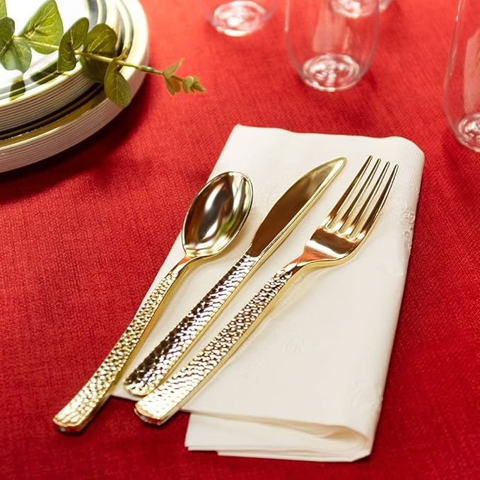 Plastic Cutlery Silverware Extra Heavyweight Disposable Flatware, Full Size Cutlery Combo, Gold Pebbled, 80 Forks, 40 Spoons, 40 Knifes, Value Pack 160 Count