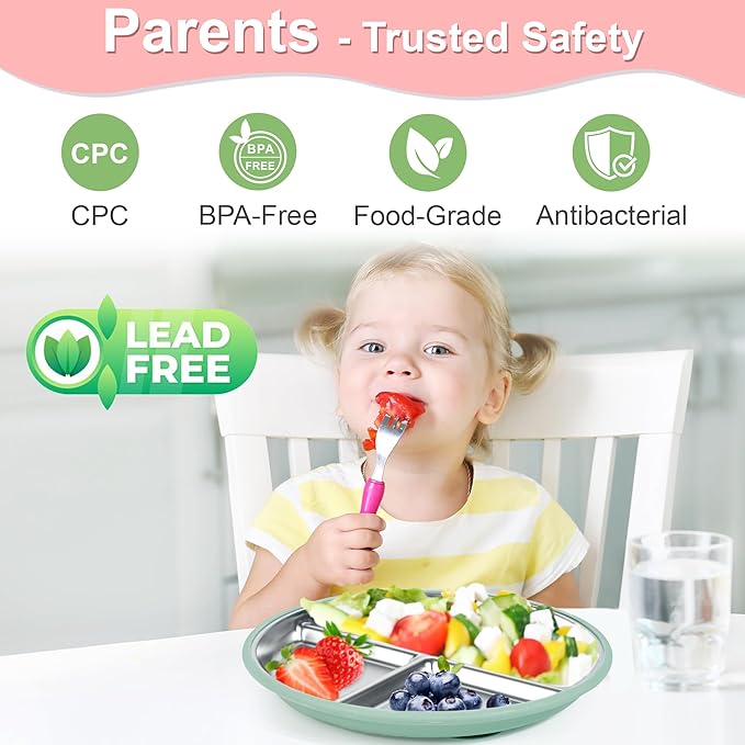Bella's Friends Stainless Steel Toddler Plates Silicone Suction,3 Packs Non-Slip Baby Plates,Divided Portion,Food-Grade Silicone Plate for Kids,LEAD-FREE Dishwasher Safe,Grey Green Pink