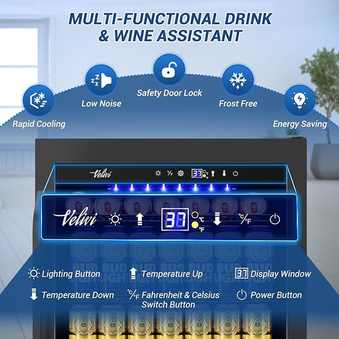 24 Inch Beverage Refrigerator Under Counter, 24" Space Built-In Beer and Drink Fridge with Glass Door for Soda, Water, and Milk - For Kitchen, Bar or Office