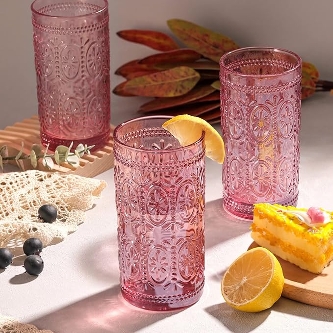 6 Pack Pink Glassware Drinking, 12oz Highball Embossed Beverage Glass Cup, Vintage Drinking Glasses, Colored Water Glasses for Party Wedding Home Office and Gift