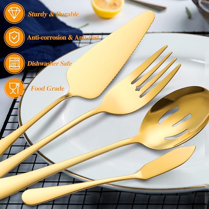 Serving Utensils Fine Include Large Serving Spoons Slotted Serving Spoons Serving Forks Serving Tongs Soup Ladle and Pie Server Buffet Catering Serving Utensils for Dishwasher Safe (Gold, 12)