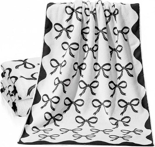 2 Pcs Black Bow Bathroom Towels 100% Cotton Coquette Bow Bath Towels 28 x 55 Inch Absorbent Soft Preppy Bathroom Decor for Spa Gym Kitchen Women Gifts
