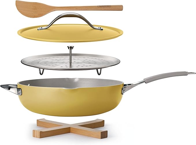 Tramontina All-in-One Plus Pan Set, 5-Quart Ceramic Non Stick Cooking Pan with Lid, Steamer Insert, Bamboo Utensil and Trivet, Yellow