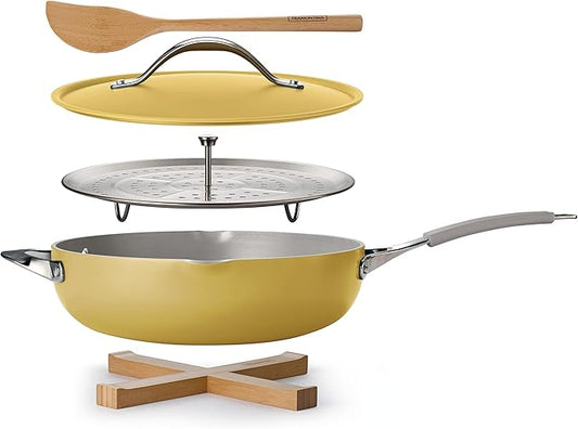 Tramontina All-in-One Plus Pan Set, 5-Quart Ceramic Non Stick Cooking Pan with Lid, Steamer Insert, Bamboo Utensil and Trivet, Yellow