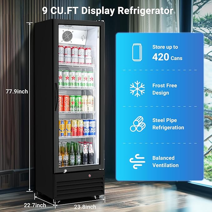 BODEGACOOLER Commercial Beverage Refrigerator with Glass Door,12.5 Cu.Ft Display Merchandiser Drink Refrigerator,Upright Commercial Bar Fridge,Display Drink Cooler,Soft LED Light,Romovable Shelves