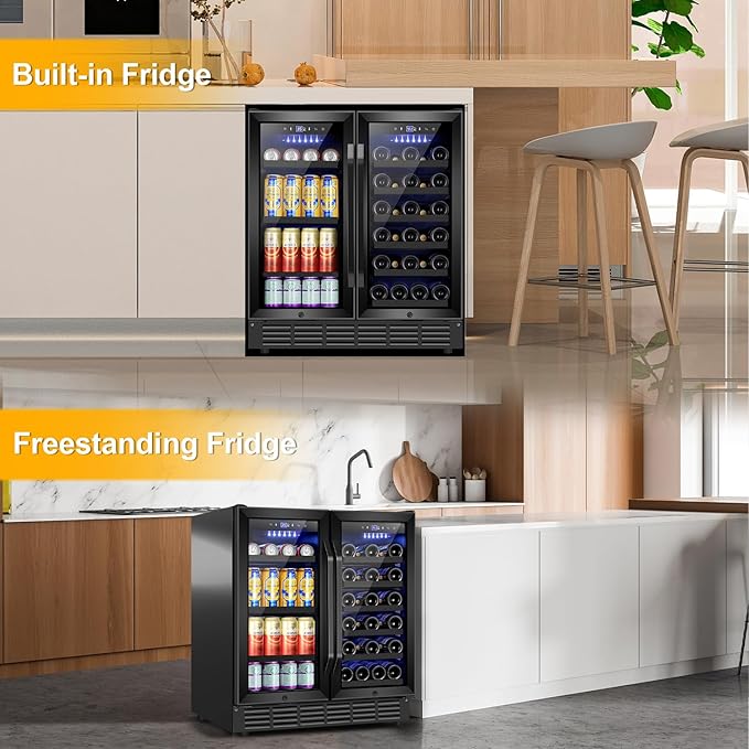 30 Inch Wine and Beverage Refrigerator Black- Dual Zone Beverage Fridge Under Counter/Freestanding Drink and Beer Fridge Built-In Home Kitchen Bar or Office