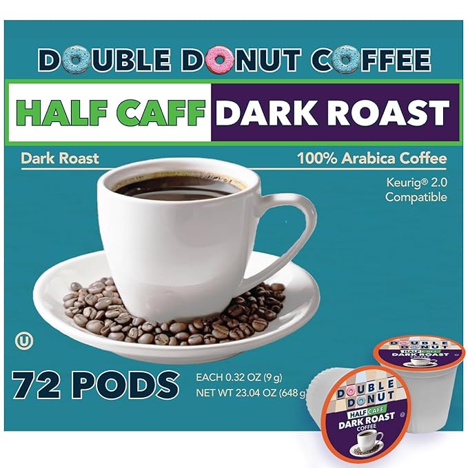 Double Donut Coffee Half Caff Dark Roast Coffee Pods, Dark Roast Coffee, Compatible with Keurig K Cups Brewers 72 ct