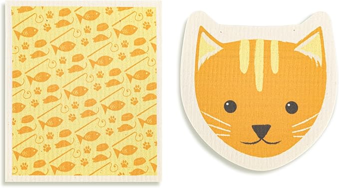 DEMDACO Reusable Biodegradable Kitchen Cleaning Dish Cloth from Design Serving Collection 6 x 7 Inch Cotton Blend Cat Assorted Set of 2