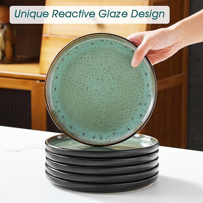 vancasso Plates and Bowls Sets, 18 Pieces Stoneware Dinnerware Sets for 6, Kitchen Dish Set Mircowave and Dishwasher Safe Ceramic Dishware, Turf Green, Series AMBER