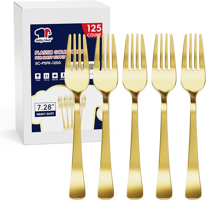 125 Count Gold Plastic Disposable Forks Heavy Duty, 7.28 Inch Heat Resistant Durable Gold Dinner Forks for Parties, Wedding, Daily Events