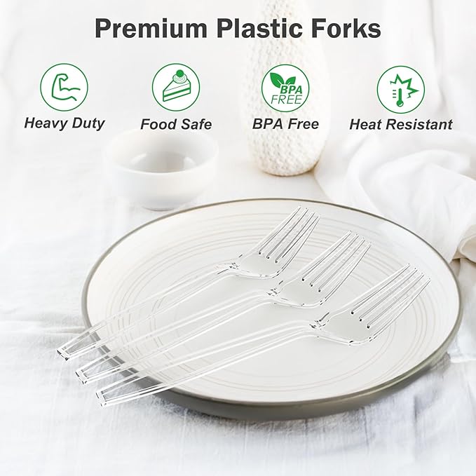 100 Count Extra Heavy Duty Clear Plastic Forks Disposable, BPA-Free, Heat Resistant, Solid and Durable Disposable Forks Bulk, Premium Plastic Forks heavy duty for Party Supply