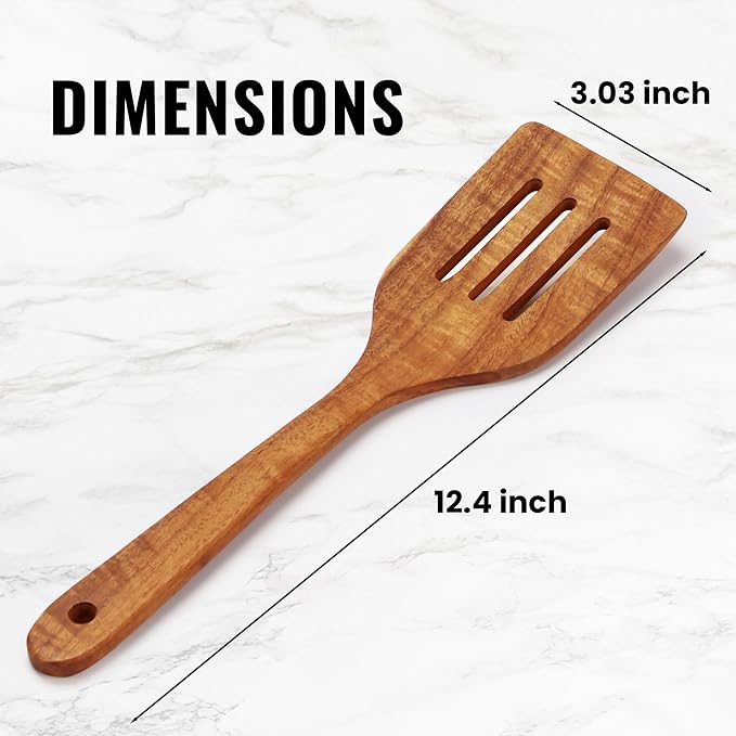 Zulay Kitchen Teak Wood Slotted Spatula – Durable & Heat-Resistant Cooking Utensil for Non-Stick Pans – Wooden Turner for Stirring, Flipping & Serving - Brown