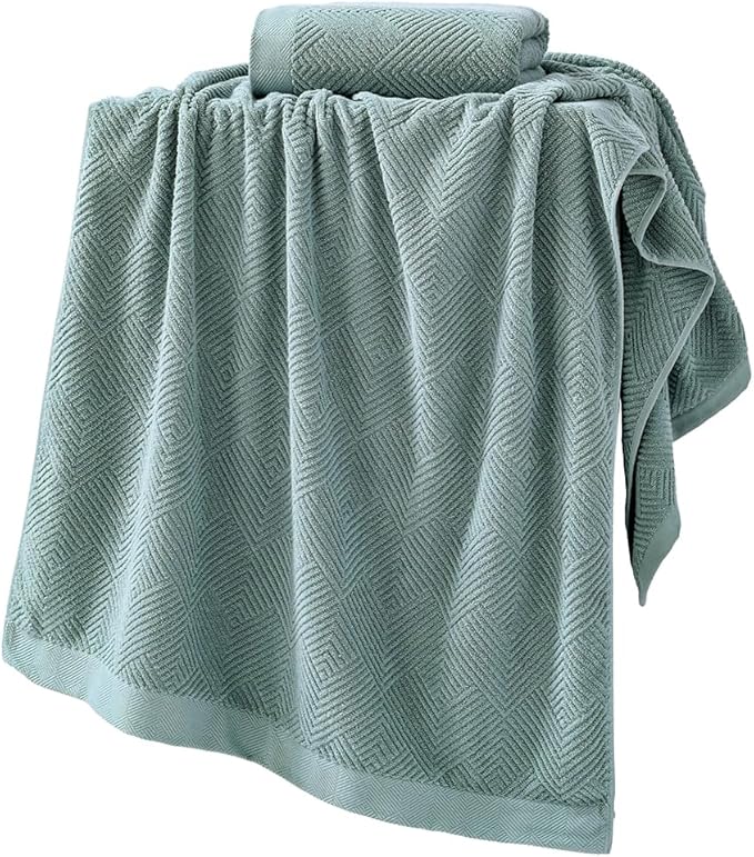 sense gnosis Sage Green Bath Towel Set of 2 Striped Weave 100% Cotton Super Soft Highly Absorbent Summer Bath Towels for Bathroom 27x 55 Inch