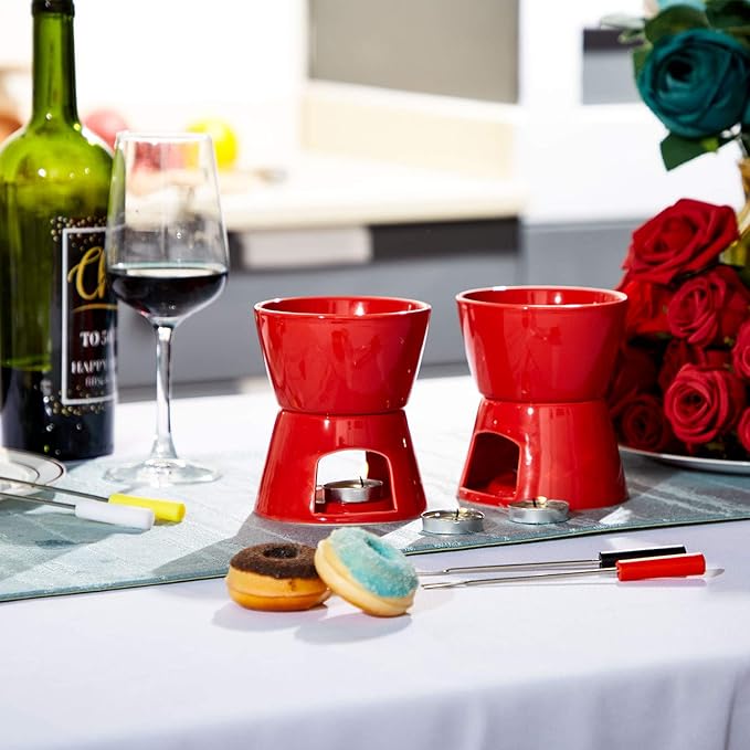 Mudder Fondue Mug Ceramic Pot and 8 Pieces Forks for Melting Chocolate, Cheese, Broth Or Tapas On Valentine's Day (Red)