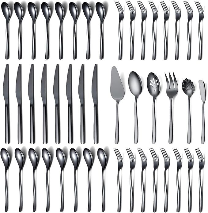 Black Stainless Steel Flatware Set 46 Piece, Cutlery & Utensil Set - Cake Server, Serving Spoon, Fork, Sugar Spoon, Butter Knife (Shiny Black)