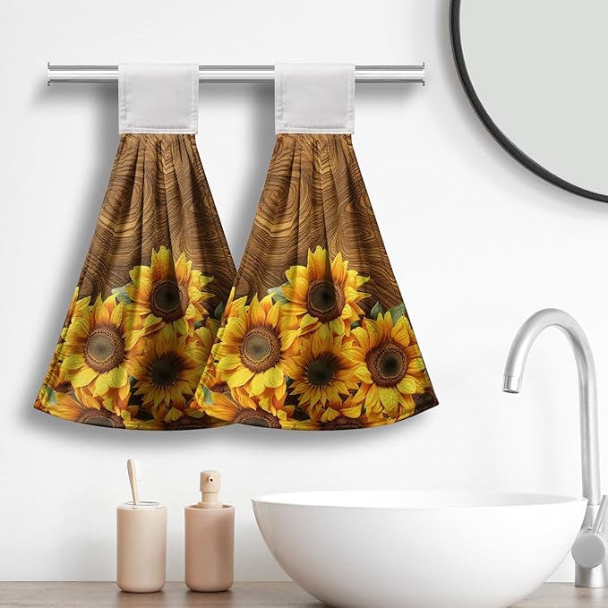 Summer Sunflowers Hanging Kitchen Towels Vintage Brown Yellow Flowers Hand Towel with Hanging Loop Tie Towels Soft Absorbent Dish Tea Towel Decorative for Bathroom Farmhouse Decor