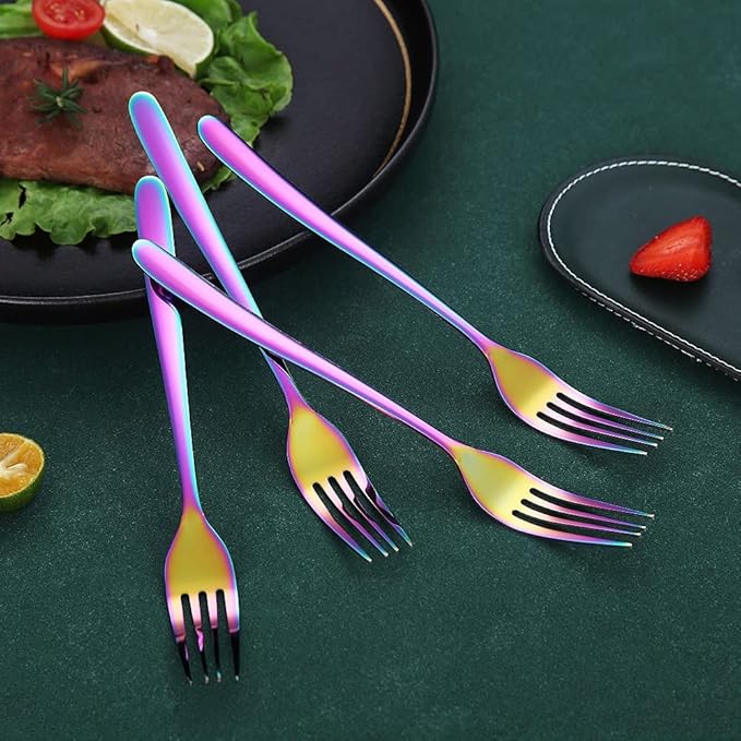 Rainbow Stainless Steel 8'' Dinner Forks 6 Piece Silverware Set, Table & Salad Forks for Home, Kitchen or Restaurant, Dishwasher Safe