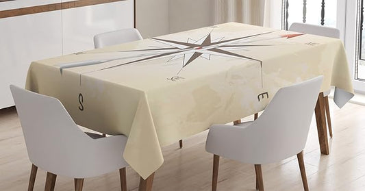 Ambesonne Compass Tablecloth, Compass Rose with Arrow on Vintage Grungy Background Travel Navigation Artwork, Rectangular Table Cover for Dining Room Kitchen Decor, 60" X 90", Taupe Cream