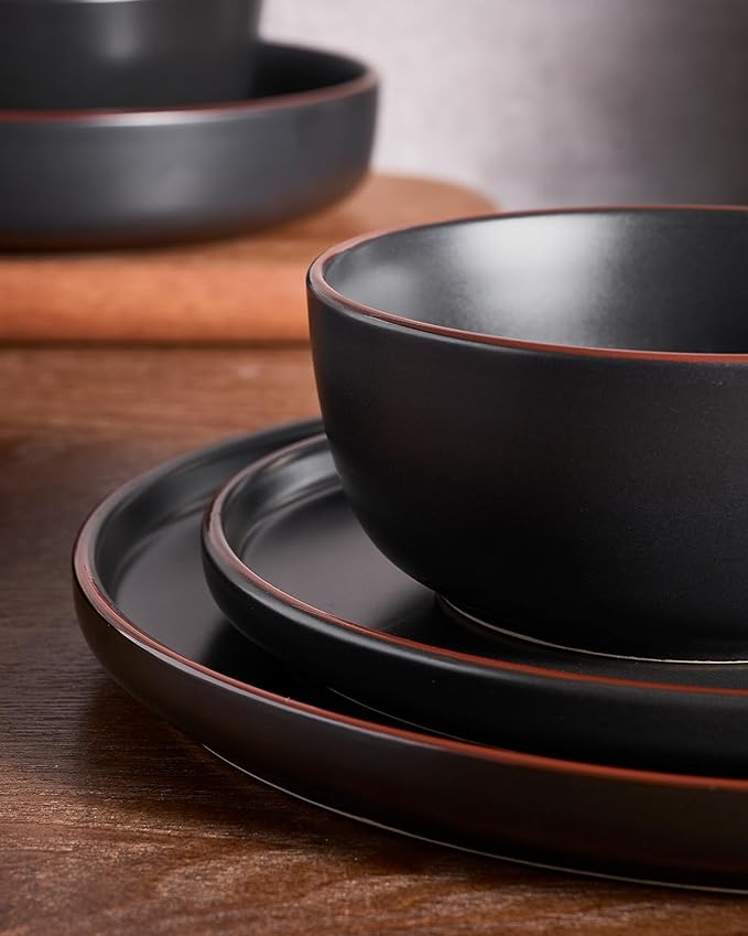 Famiware Mercury Dinnerware Sets with Pasta Bowls, Service for 4 (16 Pieces), Plates and Bowls Sets, Microwave and Dishwasher Safe Dishes Set, Matte Black
