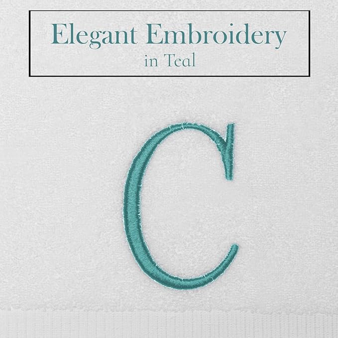 Teal Initial Hand Towel for Bathroom - Monogrammed Luxury Hotel Quality Decorative Embroidered Towel for Powder Room, Spa - GOTS Organic Certified - Set of 2 Letter C