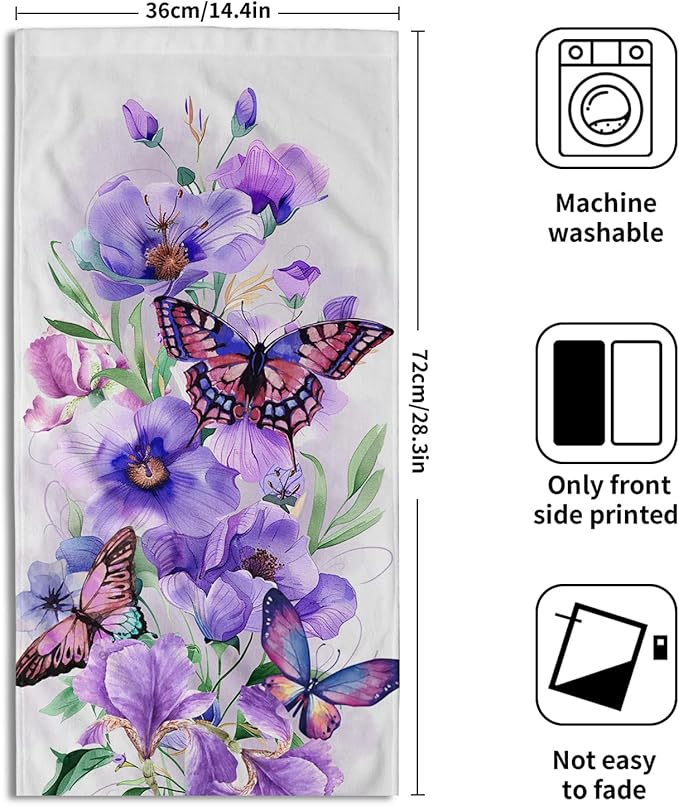 Imiss Purple Floral Butterfly Hand Face Towel 14.4 x 28.3 Inch Set of 2 Watercolor Botanical Plant Leaves Decor Bathroom Fingertip Multipurpose Towels for Home Hotel Gym Spa