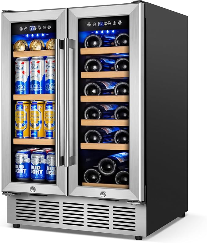 Wine and Beverage Refrigerator with Glass Door, 24-Inch Dual Zone Wine Fridge Under Counter - 18 Bottle and 88 Can Large Capacity Led Blue Light Smart Fast Cooling Wine Cooler