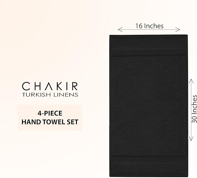 Chakir Turkish Linens 100% Cotton Premium Turkish Towels for Bathroom | 16'' x 30'' (4-Piece Hand Towel, Black)