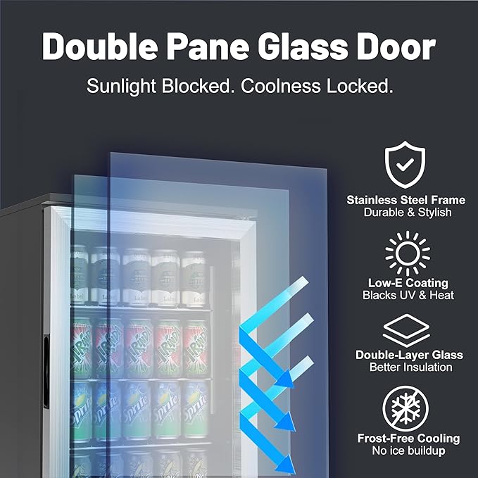 20 Inch Under Counter Beverage Fridge with Glass Door, Beverage Refrigerator Cooler 120 Can,Built in or Freestanding,Fast Cooling,Quiet ≤39 dBs,Blue LED Light Cooler for Bar, Home, Office