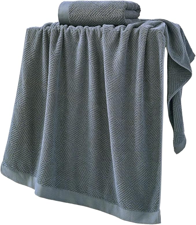sense gnosis Grey Herringbone Bath Towel Set of 2 Premium 100% Cotton Striped Weave Ultra Soft Highly Absorbent Bath Towel for Bathroom 27 X 55 Inch
