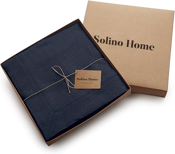 Solino Home Navy Blue Linen Tablecloth 60 x 120 Inch - 100% Pure Linen Table Cloth for Rectangle Tables - Fete, Machine Washable Tablecloth for Holiday, Winter, New Year