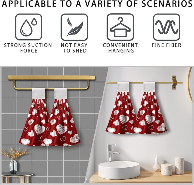 Valentines Heart Hanging Kitchen Towels Red Valentine's Day Hand Tie Towels Home Decorations Holiday Soft Absorbent Dish Towel with Hanging Loop for Bathroom Kitchen